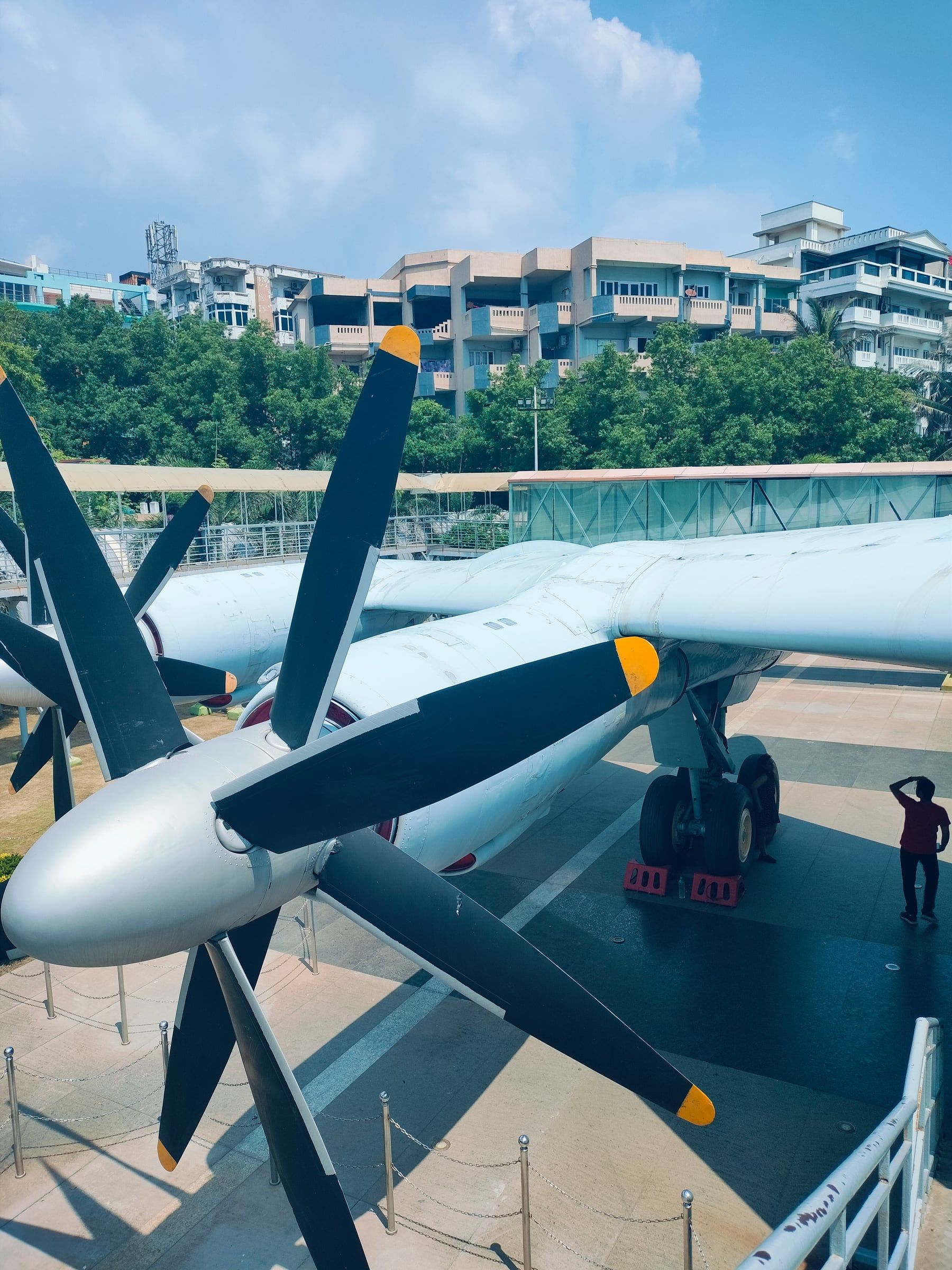 Close-up of an aircraft's propellers on display
